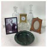 Crystal Decanters, Glassware, Marble Ashtray, Cloc