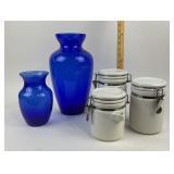 Cobalt Blue Glass Vases, White Ceramic Canisters