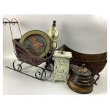 Metal sleigh basket, paper mache dress form,