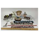 Ceramic Figurines, Costume Jewelry, Glassware