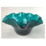 Pilgrim Ruffled Blown Teal Art Glass Bowl 8'