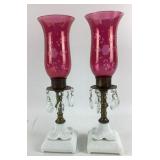 Pair of Cranberry Flash Glass Hurricane Candle