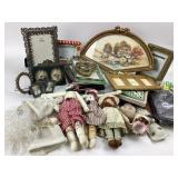Brass, gold and silver tone picture frames, cloth