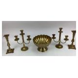 Brass Candelabras, Candlesticks, Fluted Bowl