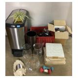 Glass chimneys, Rubbermaid trash can, umbrella