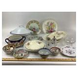 Decorative China Plates, Bowls, Tureen, Salt Shake