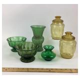 Green Glass Bowls, Vases, Yellow Canisters