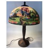 Reverse Painted Glass Lamp With Cottage Scenic Des