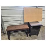 Padded Bench, Cork Board & Wood Side Table