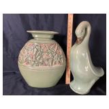 Green Ceramic Vase And Duck Figurine