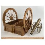 Brass Cannon & Carved Wooden Wagon Planters