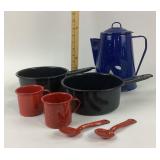 Enamelware Coffee Pot, Cups, Pans, Spoons