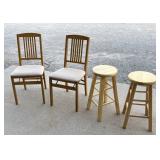 2 wood folding chairs, 2 wood stools