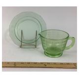 Green Uranium Glass Measuring Cup, Plate