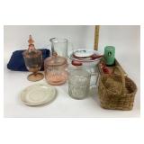 Glass Jars, Enamelware, Basket, Plates, Pitchers
