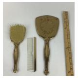 Art Deco Gold-Tone Vanity Set With Brush, Mirror,