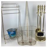Brass toned towel rack, corona metal pail, wire