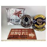 Metal signs: Harley Davidson, Socony,  BBQ pit and