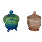 Green-Blue Indiana Glass Footed Candy Jar, Pink De