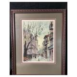Framed Street Scene Watercolor Painting
