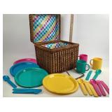 Woven Basket Picnic Toy Set & Plastic Dinnerware: