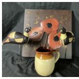 Metal Poppy Wall Art, Ceramic Pitcher, Carved Bird