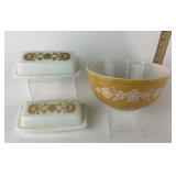 Butterfly Gold Pyrex Mixing bowl and Butter Dishes