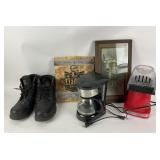 Steel Toe Boots, Coffee Maker, Popcorn Popper +