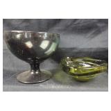Green Glass Bowl, Black Glass Compote