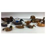 Wooden carved painted ducks, ceramic duck planters