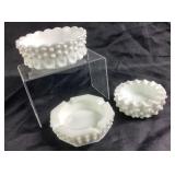 (3) Hobnail Milk Glass Trinket Bowls & Ashtray