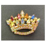 Vintage Crown Brooch Multicolor Rhinestone Pin