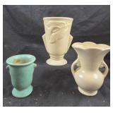Art Deco Ceramic Vases in White, Green Glaze