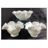 (3) White Hobnail Milk Glass Bowls With Ruffled Ed