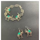 Elephant Earrings & Bracelet Silver Tone Jewelry