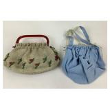 Beaded Handbag With Red Handle, Blue Fabric Purse