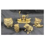 Brass Owl & Cat Figurines With Swan Candle Holder