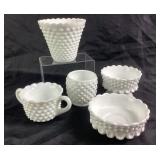 (5) Hobnail Milk Glass Bowls, Vase, Sugar Bowl
