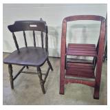 Wood Slat Folding Step Stool & Wood Chair