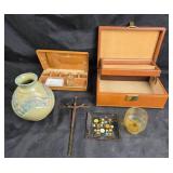 Ceramic Vase, Brass Crucifix, Enameled Dish, Leath