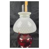 Hobnail Milk Glass Shade Red Glass Oil Lamp