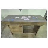 Wood Bench Hand Painted With Storage Shelf & Door