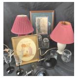 Lamps, Framed Wall Art, Glassware, Light Fixtures