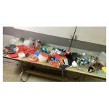 Kitchenware: Pyrex, Cast Iron Skillet, Cups: M&M,