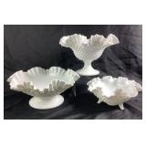 (3) Milk Glass Hobnail Ruffled Bowls