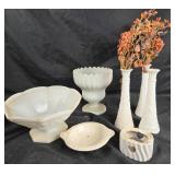 Milk Glass Vases, Bowls, Candleholder