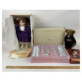 Robin Porcelain Doll, Fishel Toys Tea Set, Teddy B