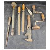 Hand Tools Including Brace, Pipe Wrench, Files