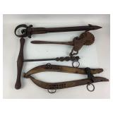 Metal Tools Including Auger, Hay Knife, Harness Pa