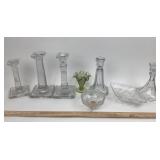 Glass Candle Holders & Green Hobnail Toothpick Hol
